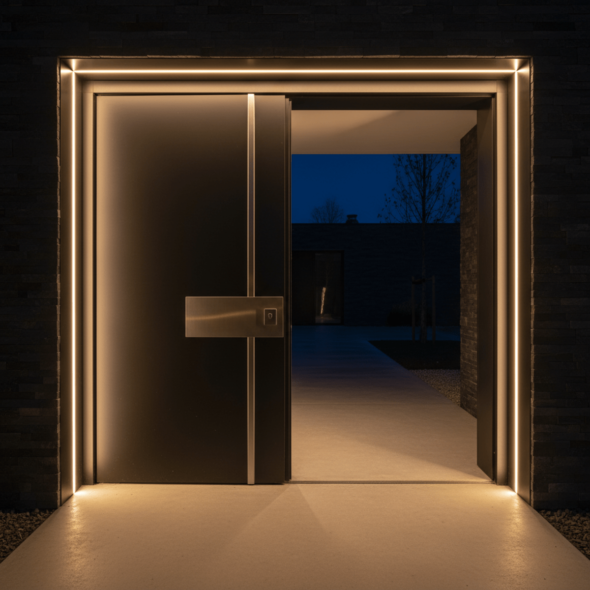 Sleek modern door opener with warm ambient LED lighting on a polished concrete path.