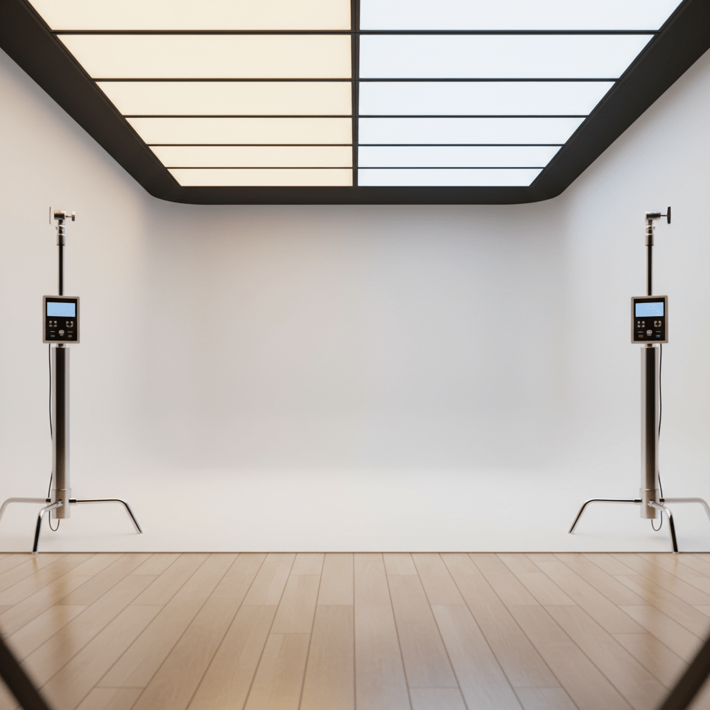 Modern photography studio with bright, diffused daylight panel lighting and seamless backdrop.