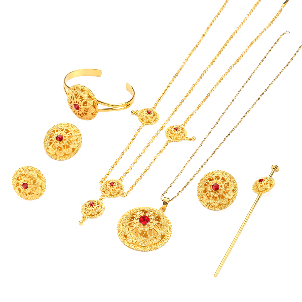 Ethiopian Trendy Jewelry Sets Red Stone African Ethiopia Women Wedding Bride Habesha Jewelry