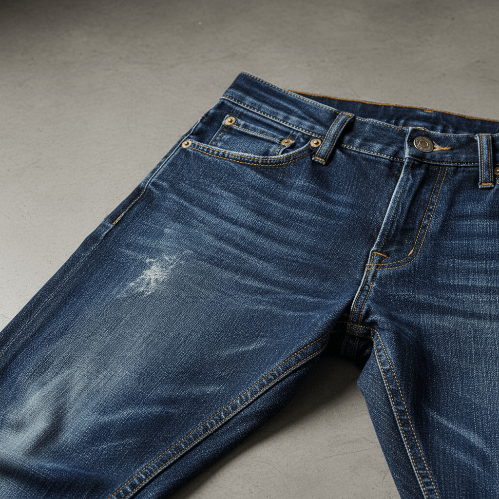 Close-up studio shot of rugged denim jeans showcasing durable Dyneema fabric weave.