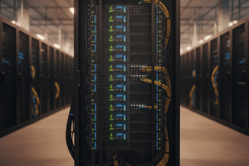 Close-up view of glowing LEDs on a server rack under warm ambient light, representing dependable online infrastructure