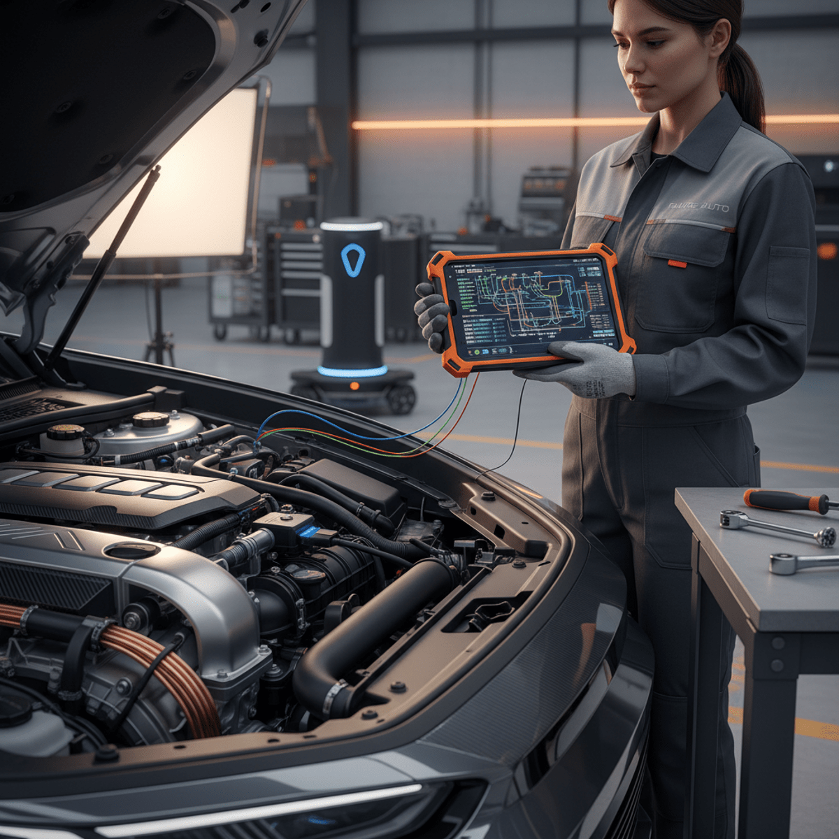 Automotive technician uses tablet with wiring diagrams and diagnostic data for engine repair.