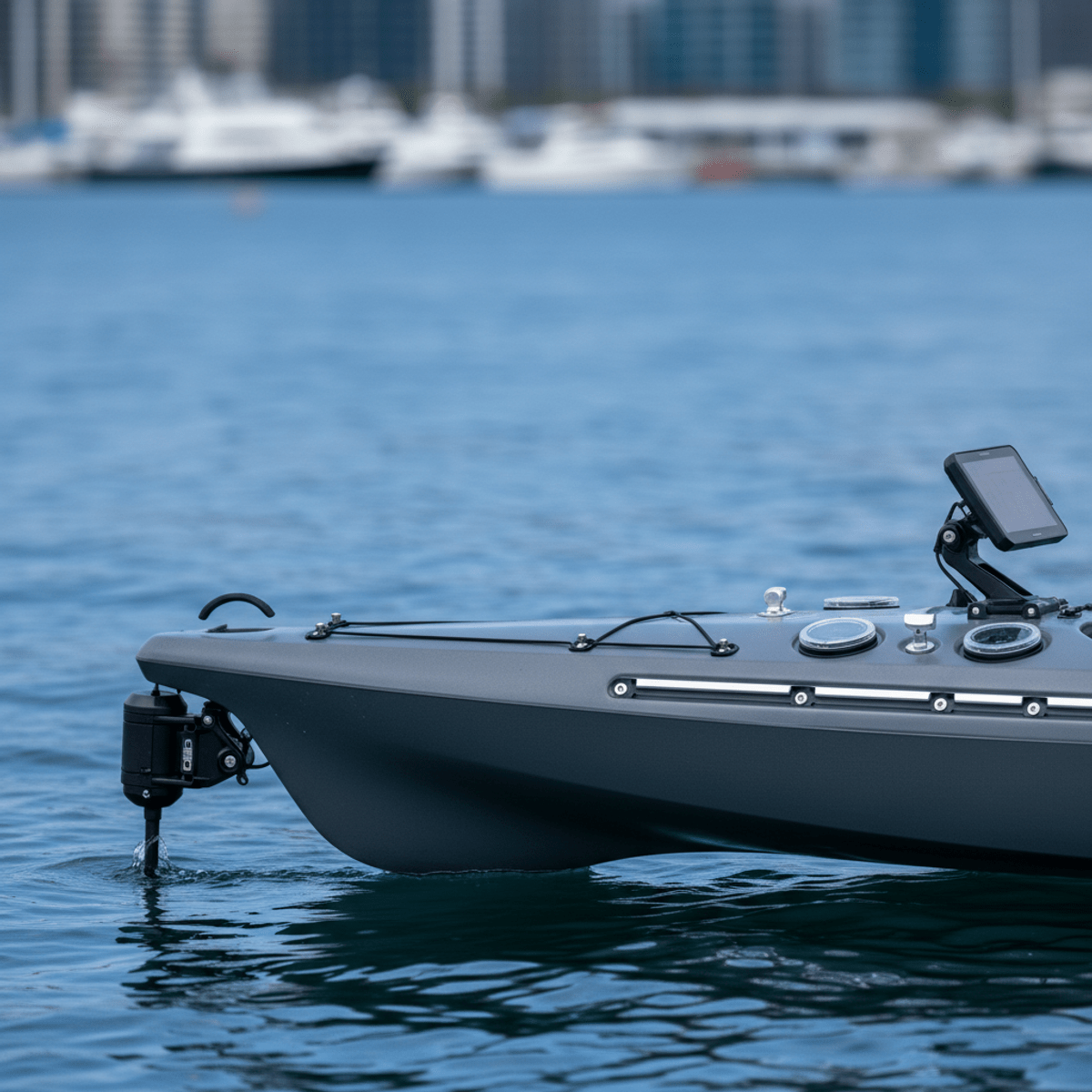 Sleek futuristic fishing kayak on deep blue harbor Futuristic fishing kayak with trolling motor on calm harbor waters.
