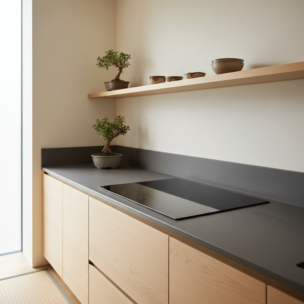Minimalist Japandi kitchen with flush-mounted stove on matte black glass countertop.