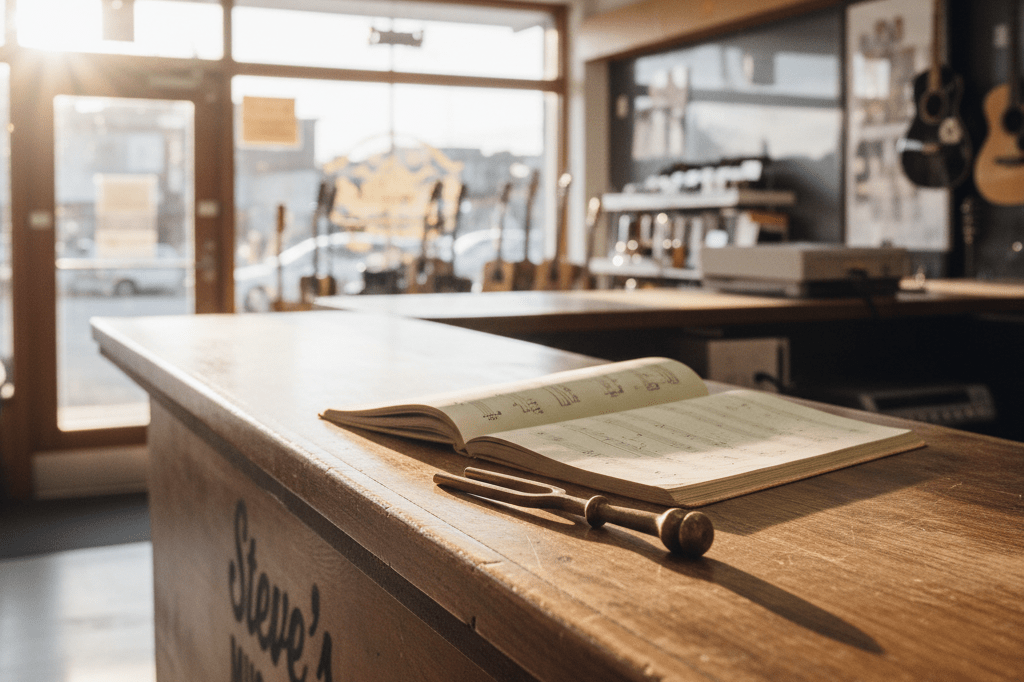 Medium shot of a vintage music store counter with tuning fork, open sheet music, and subtle logo stencil in natural and ambient light