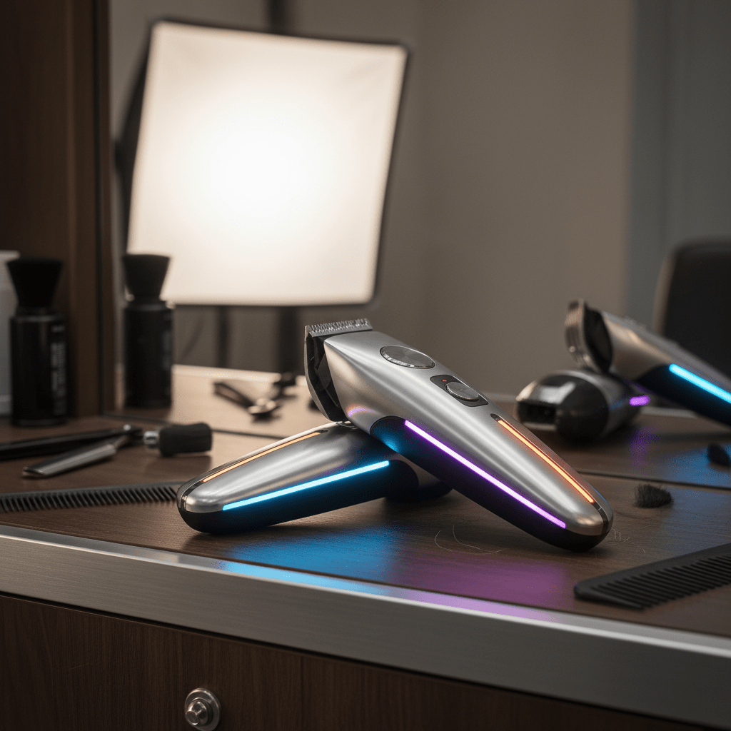 Futuristic metallic clippers with AI sensors and color-shifting LED lights on a workstation.