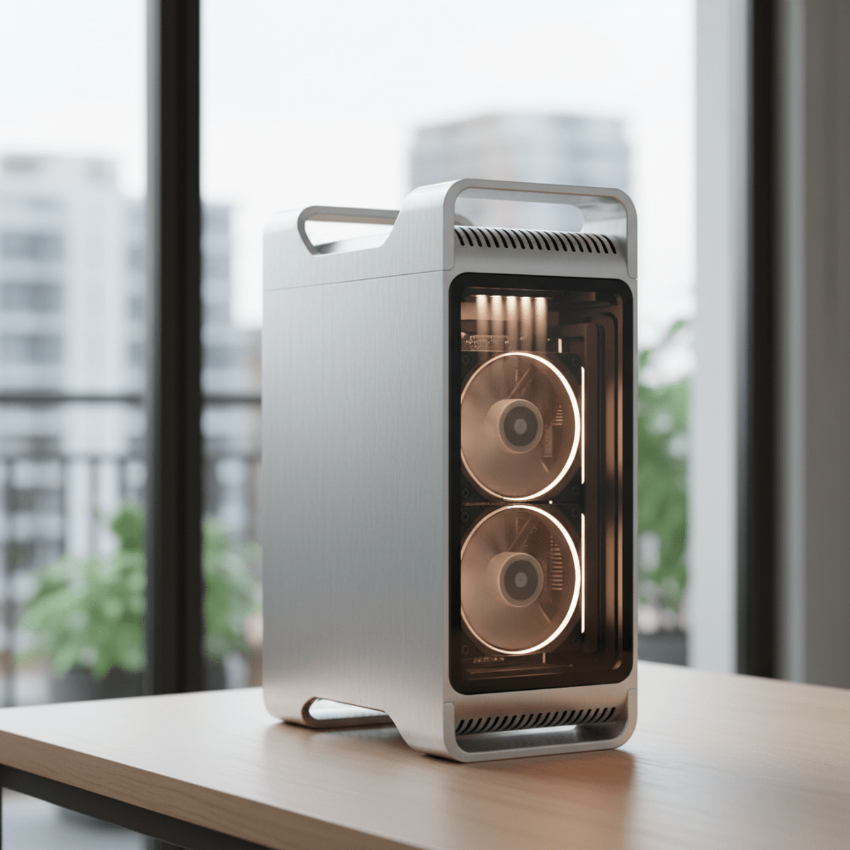 Ultra-compact gaming desktop with sculpted aluminum chassis and glass panel.