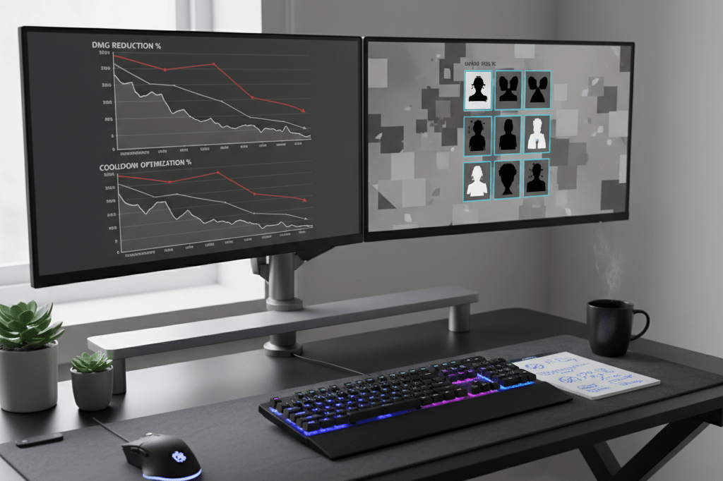 Sleek gaming desk with monitors showing graphs and abstract grids under ambient indoor lighting, representing systematic performance optimization