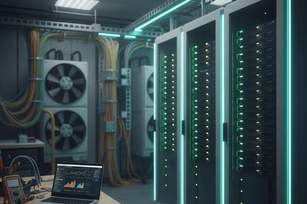 Data center server rack with tools and monitoring setup under warm ambient light, highlighting robust digital service reliability