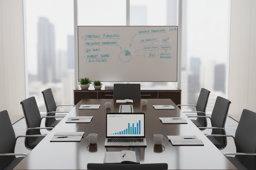 Wide shot of a sunlit corporate meeting space with documents, laptop, and strategic planning notes on a whiteboard