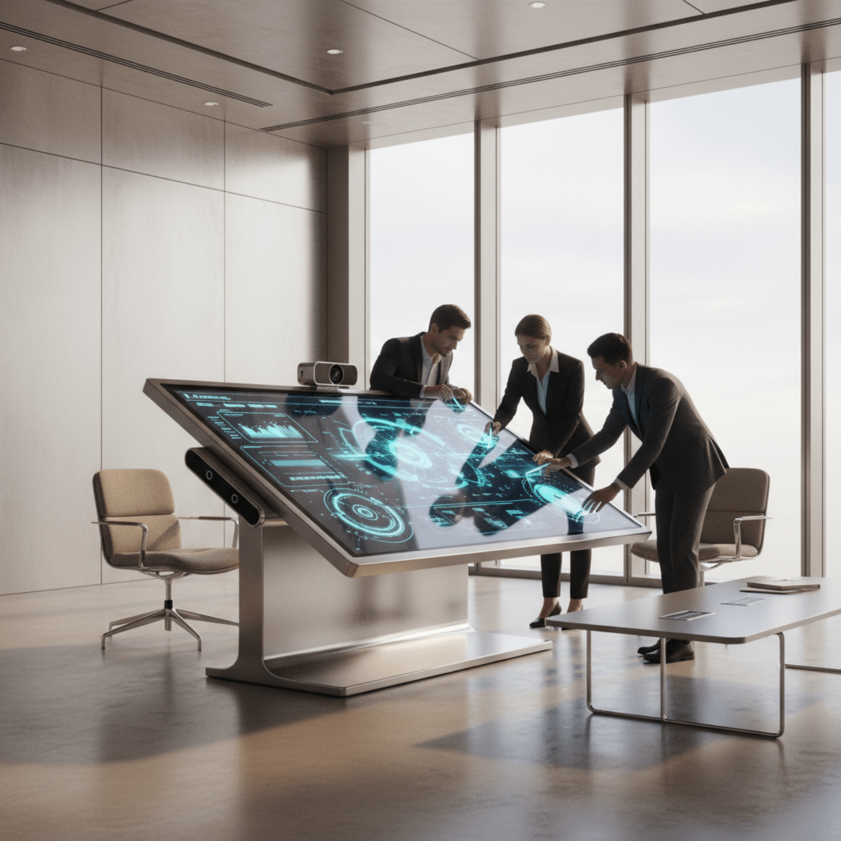 People collaborating in a futuristic meeting room with an ultrawide touchscreen.