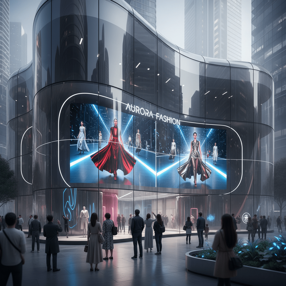 Futuristic luxury storefront with massive screen showing live runway models.
