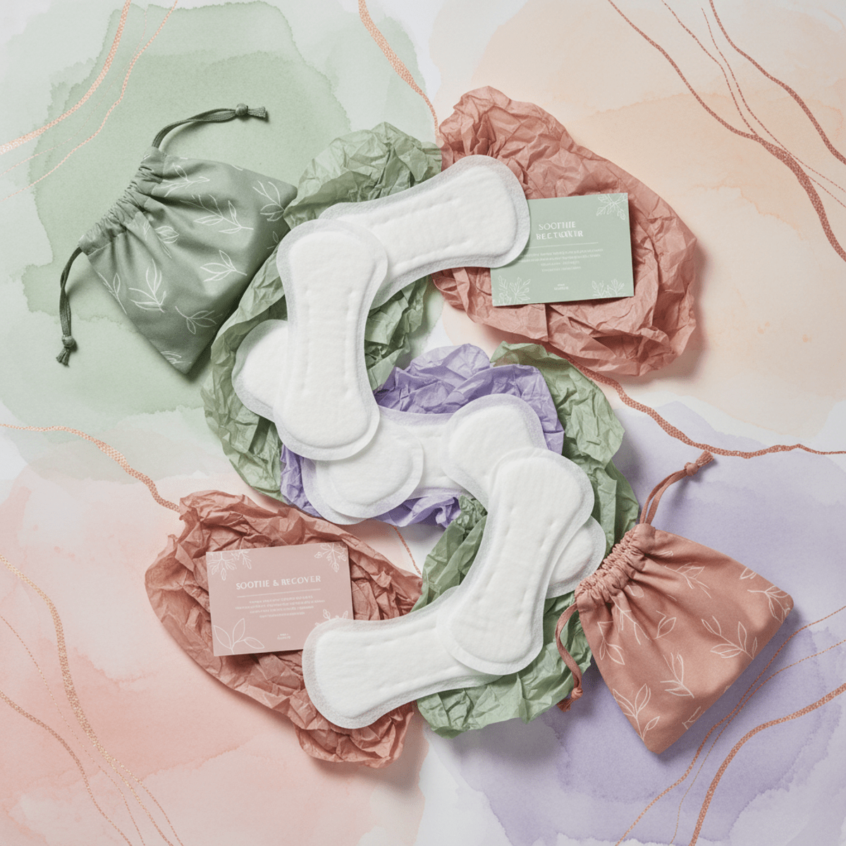 Softly arranged maternity pads with tissue and pouches in muted wellness tones.