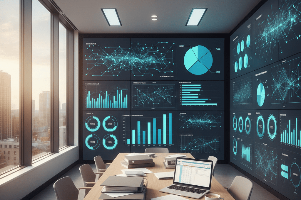 Wide shot of a sleek retail planning space featuring digital screens with analytics, softly lit by natural and ambient light.
