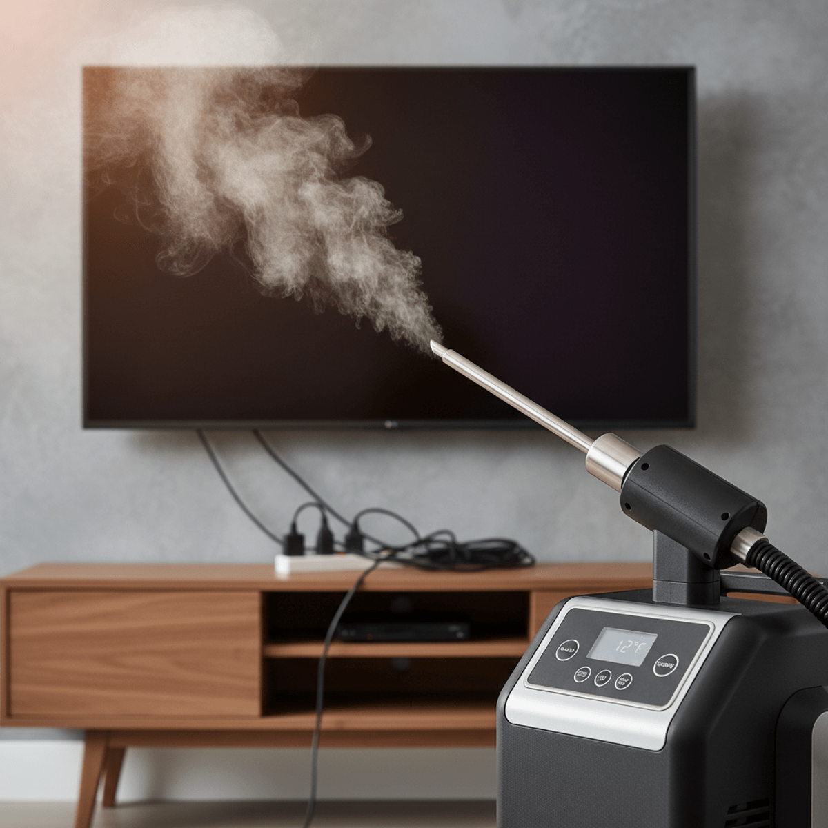 Bed bug steamer's precision nozzle targets hidden gaps behind a modern TV.