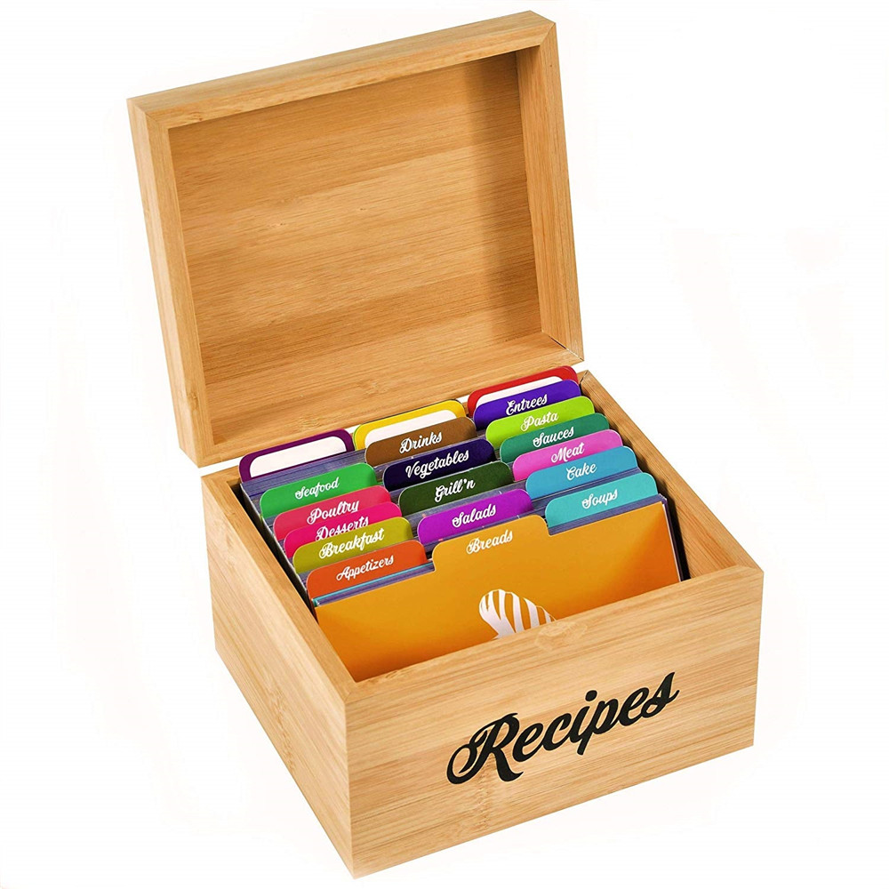 Бамбуковая деревянная коробка для рецептов с 100 карточками 4x6 дюймов и 25 разделителями