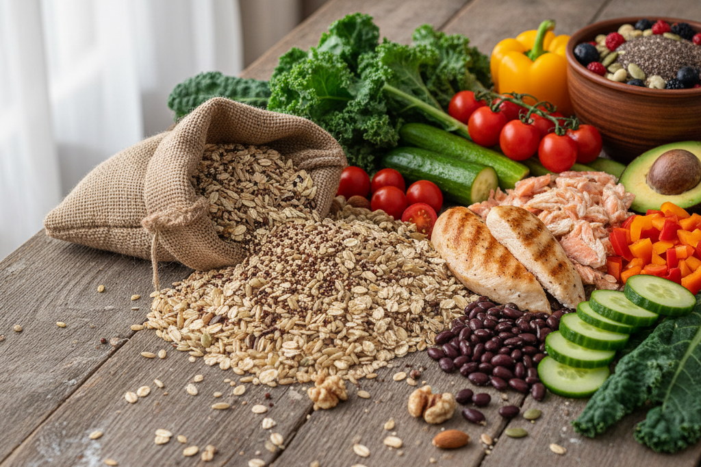 Wholesome food items including vegetables, grains, and proteins lit by natural light, showcasing nutritional value without calorie-focused branding