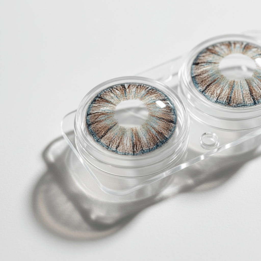Macro shot of colored contact lenses with intricate iris patterns in a clear case.