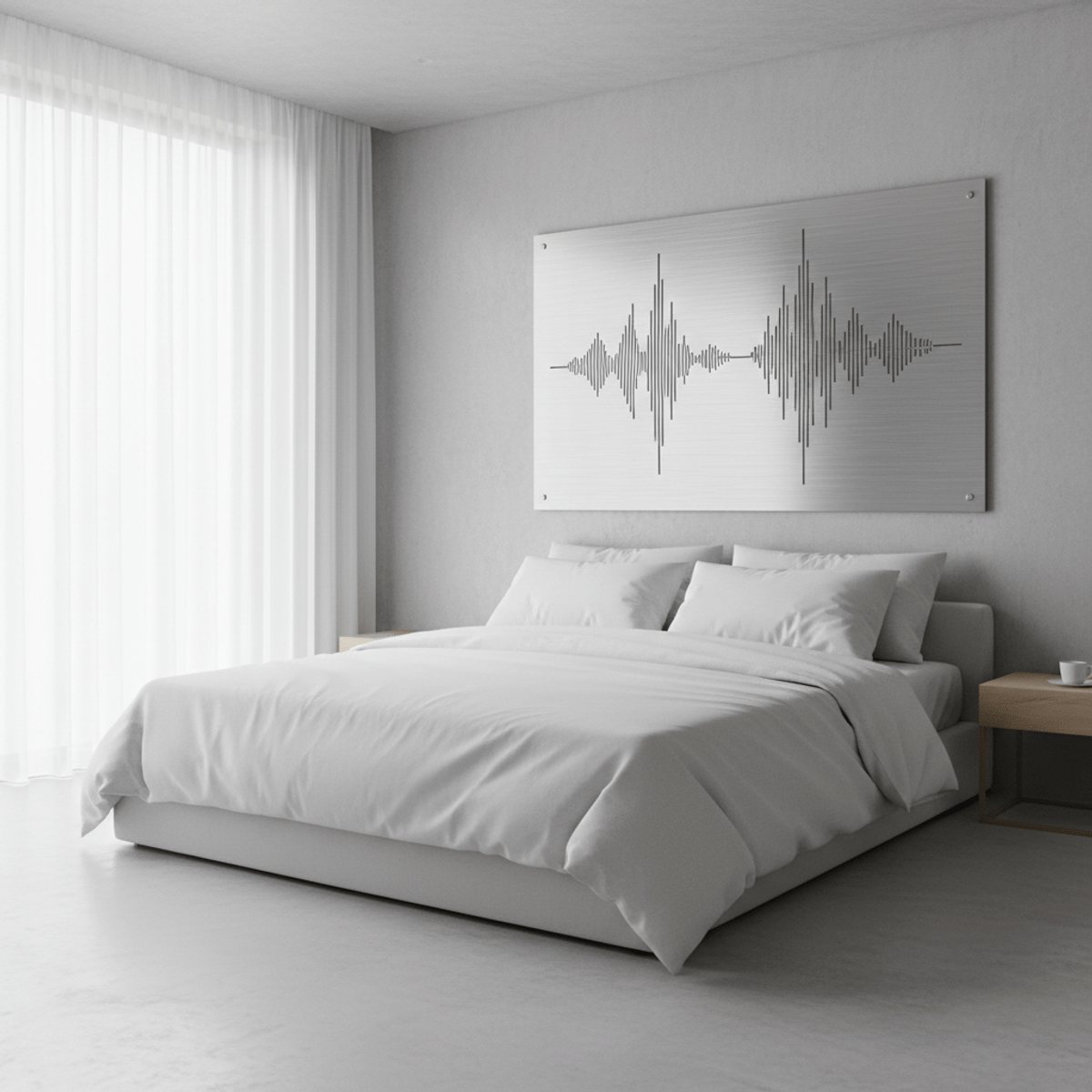 Brushed aluminum wall panel with grayscale soundwave design above a minimalist bed.