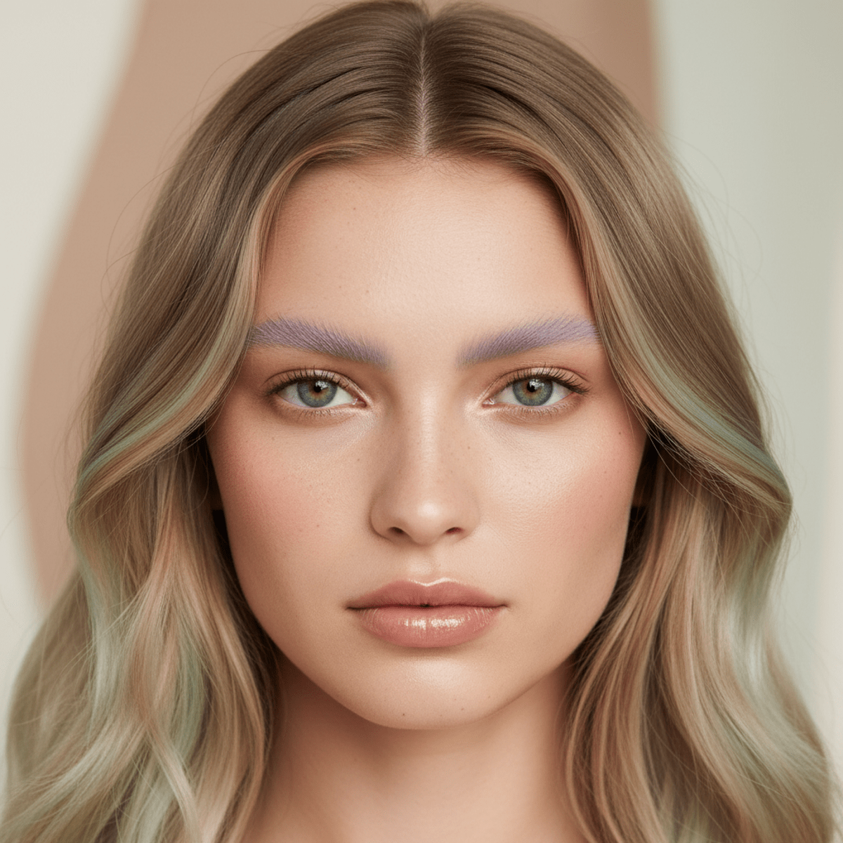 Model with muted dusty lavender eyebrows and soft pastel makeup on natural skin.