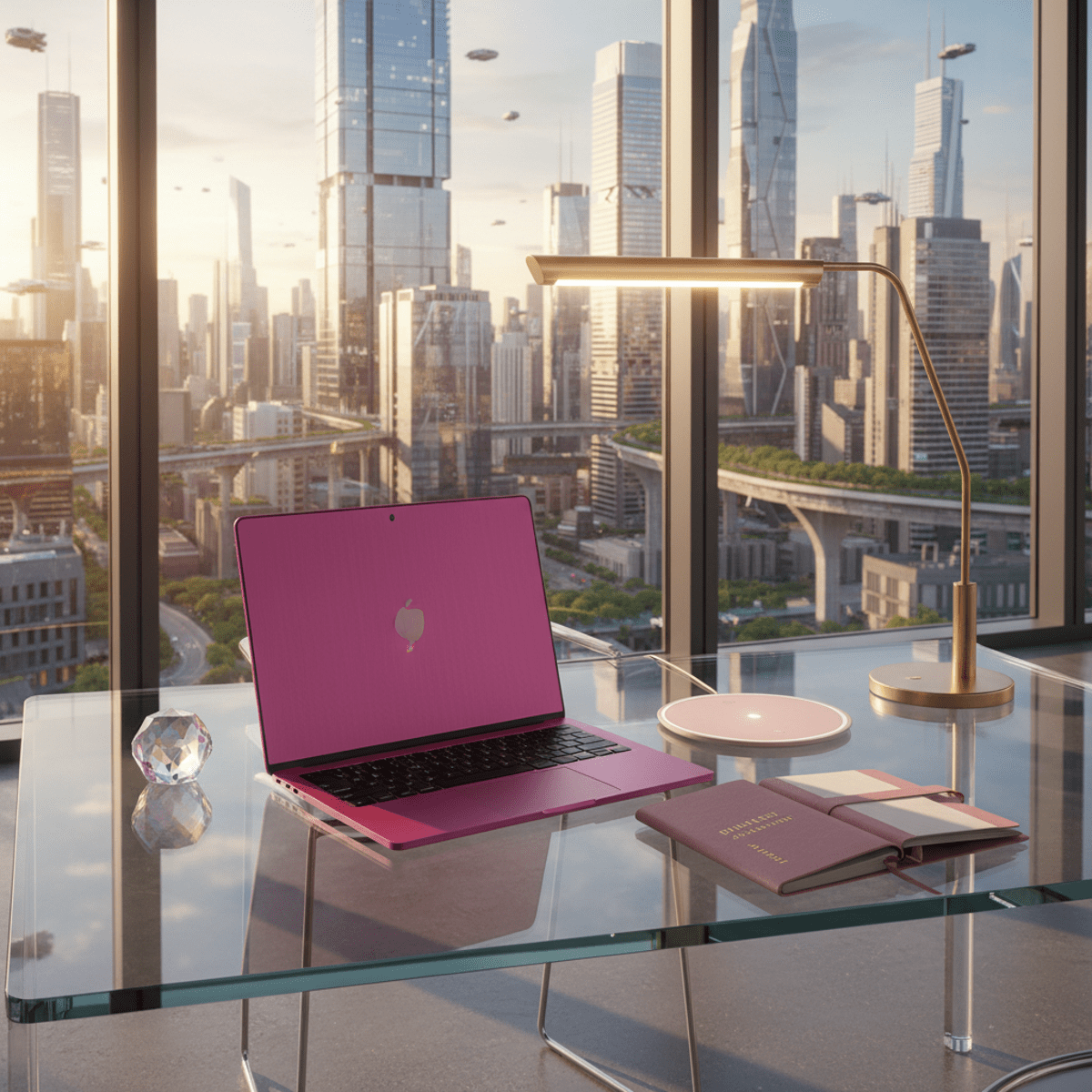 Vibrant magenta laptop on glass desk with pink charger and gold lamp.