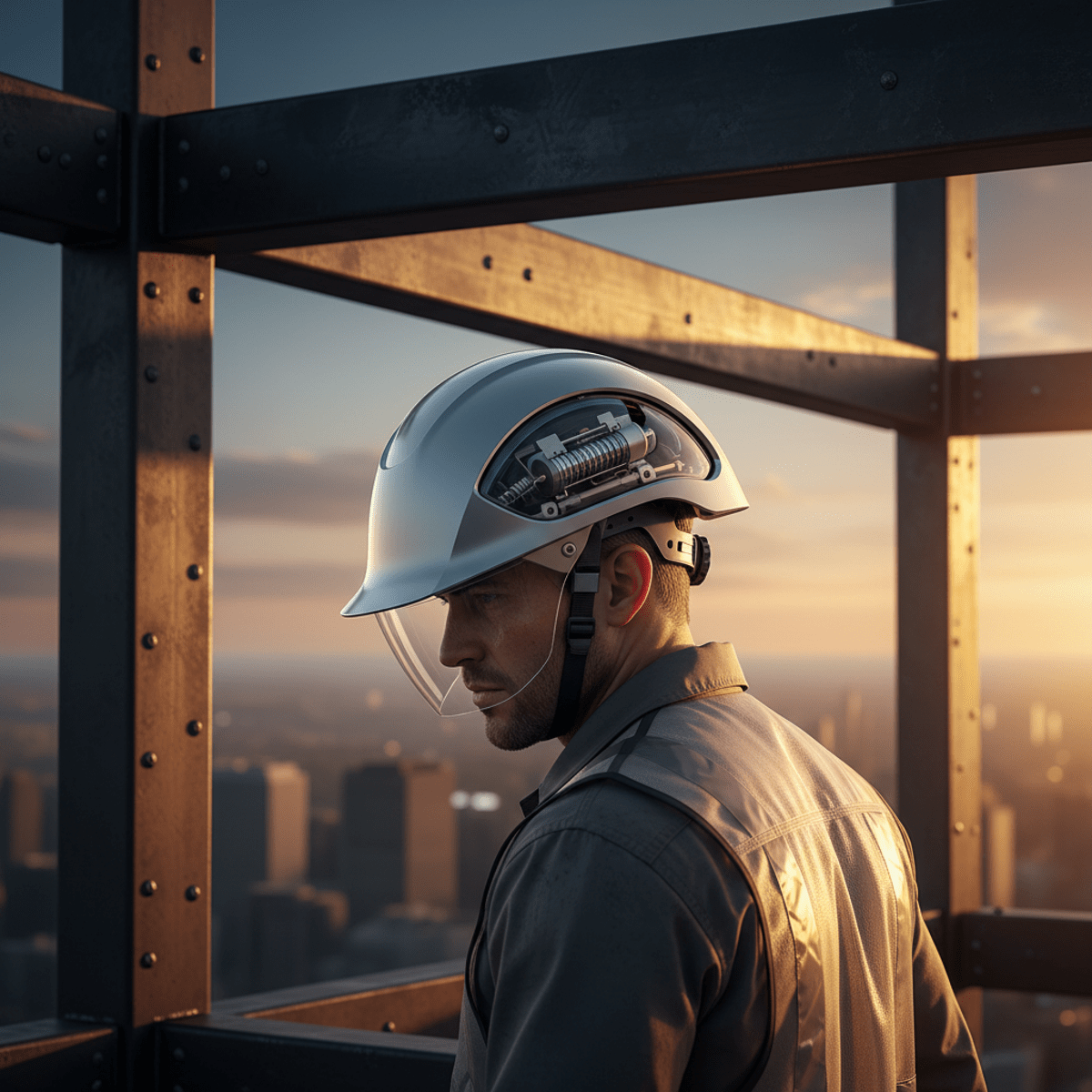 Worker on steel framework in futuristic hard hat at sunrise, golden hour light.