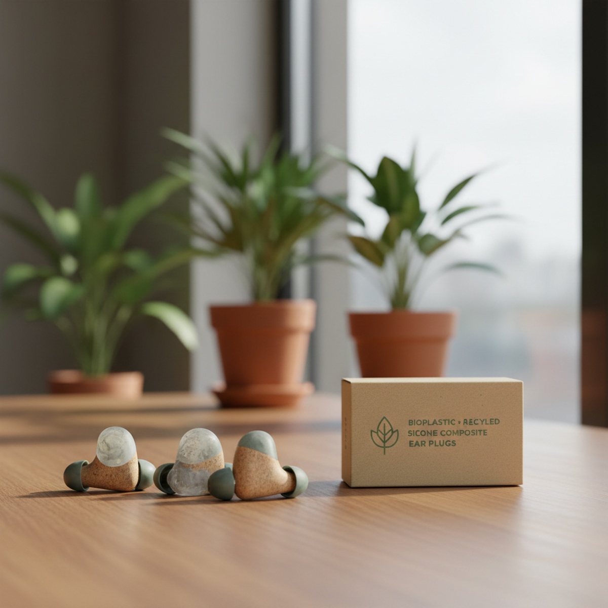 Concert earplugs made from sustainable materials on a wooden table.