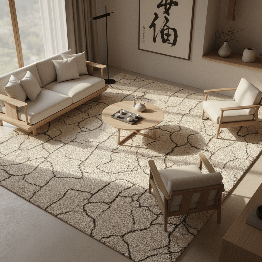 Overhead view of a cream wool carpet with handwoven texture and pale wood furniture.