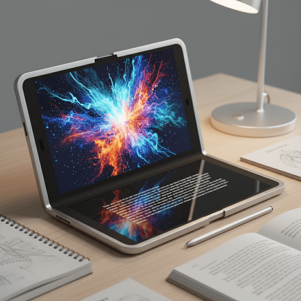 Futuristic foldable tablet showing vibrant OLED art and paper-like E-Ink text.