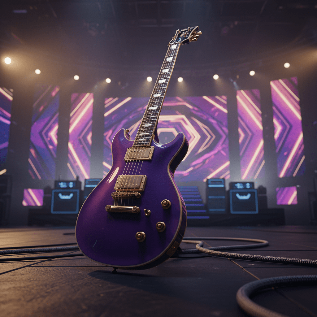 Royal purple electric guitar on a modern concert stage with vibrant purple and gold lights.
