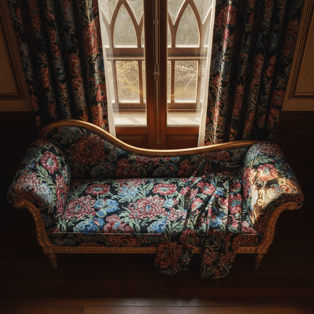 Luxurious antique chaise upholstered in deep burgundy jacquard with oversized floral patterns.