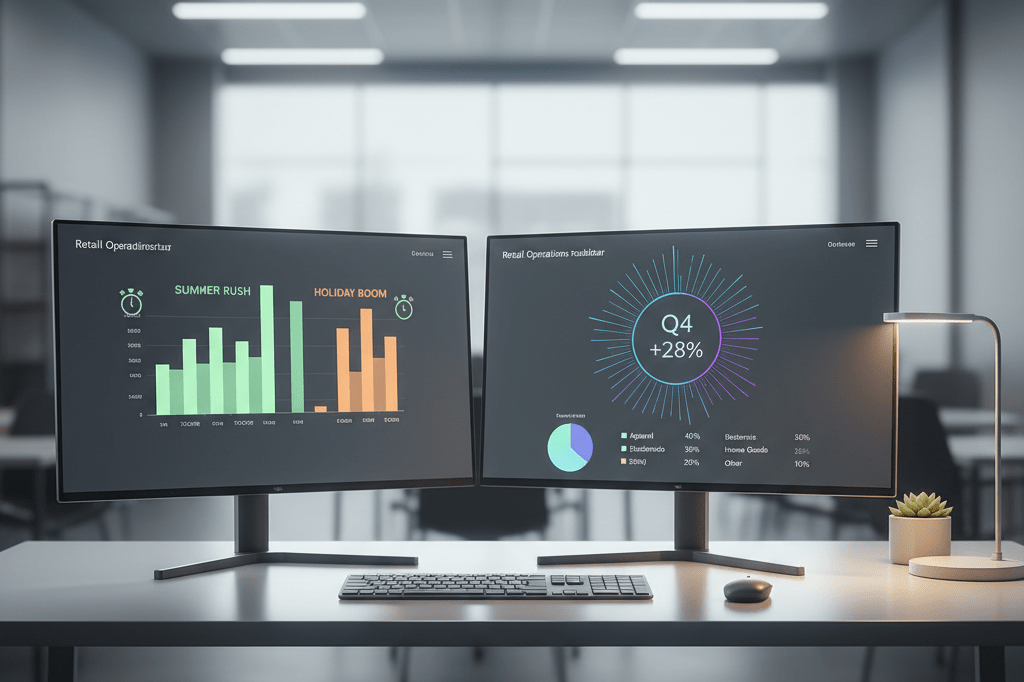 Medium shot of a dual-monitor retail dashboard displaying color-coded sales graphs and 5-day peak clusters under warm ambient office lighting