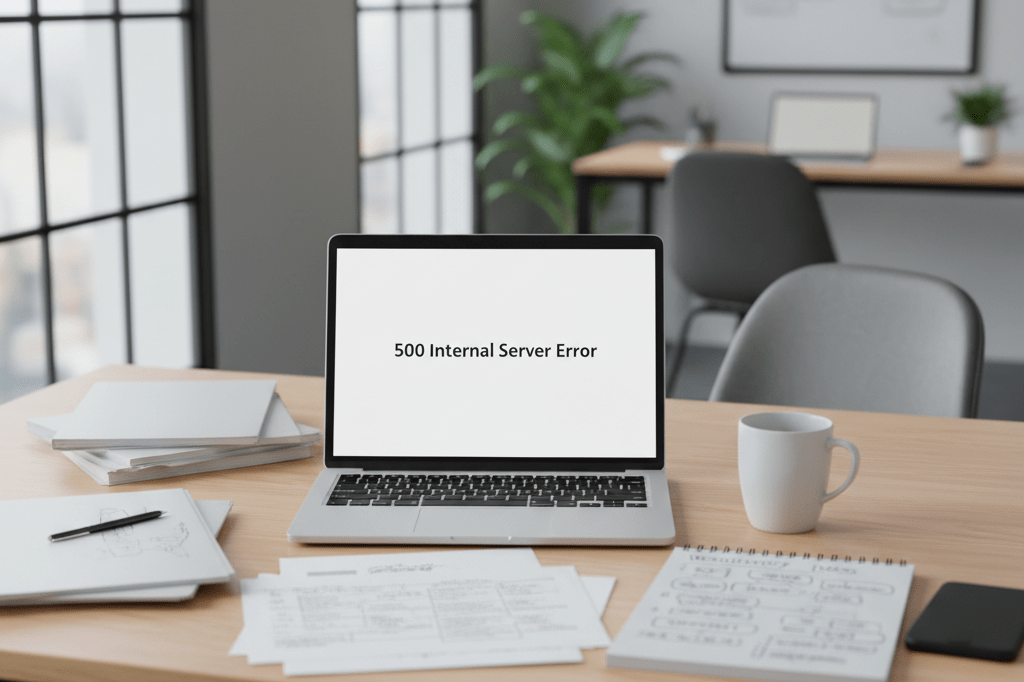 Modern office desk reflecting workflow paralysis during service outage Office workspace with laptop showing error message, papers, and coffee cup under ambient light, symbolizing disrupted operations
