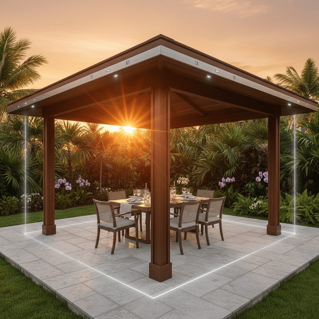 Sunset luxury gazebo with integrated laser bug zappers. Luxury gazebo with integrated laser bug zappers at sunset, featuring polished timber and stone.