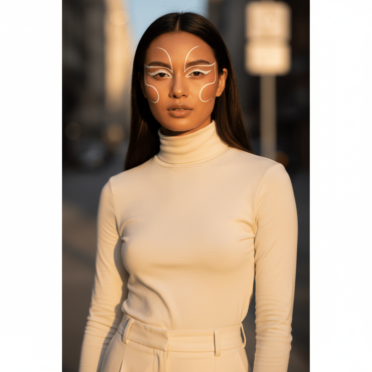 Model with abstract white eyeliner shapes and curved wings, natural complexion showing.