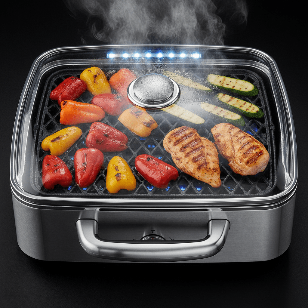 Indoor grill with vegetables and chicken sizzling Top-down view of indoor grill with vegetables and chicken breasts sizzling.