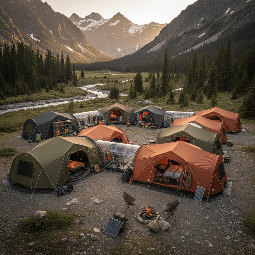 Modular tent system luxury adventure basecamp in rugged mountain valley.