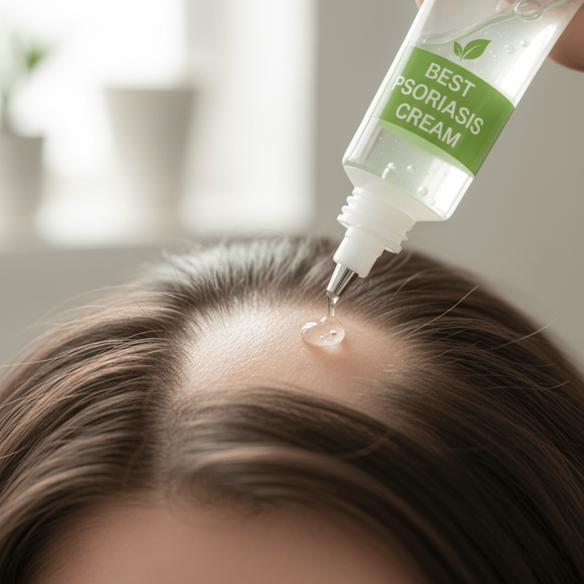 Clear gel applied to scalp for psoriasis treatment, targeting hairline with precision.