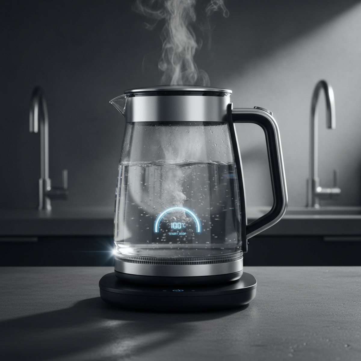 Clear borosilicate glass kettle with a matte black base and illuminated touch display.