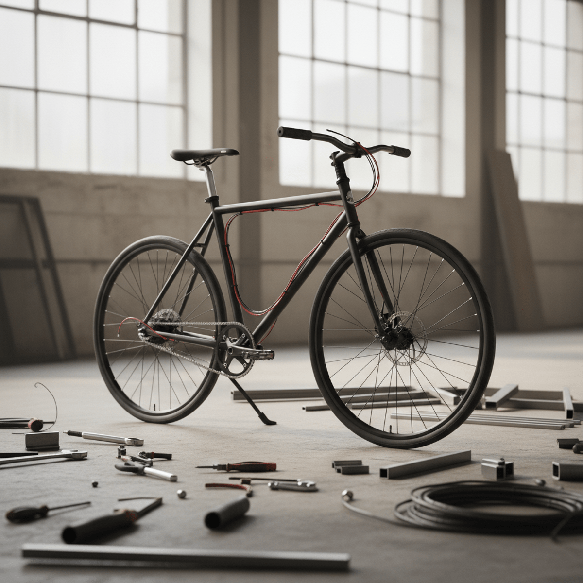 Barebones e-bike with matte black steel frame in industrial workshop.