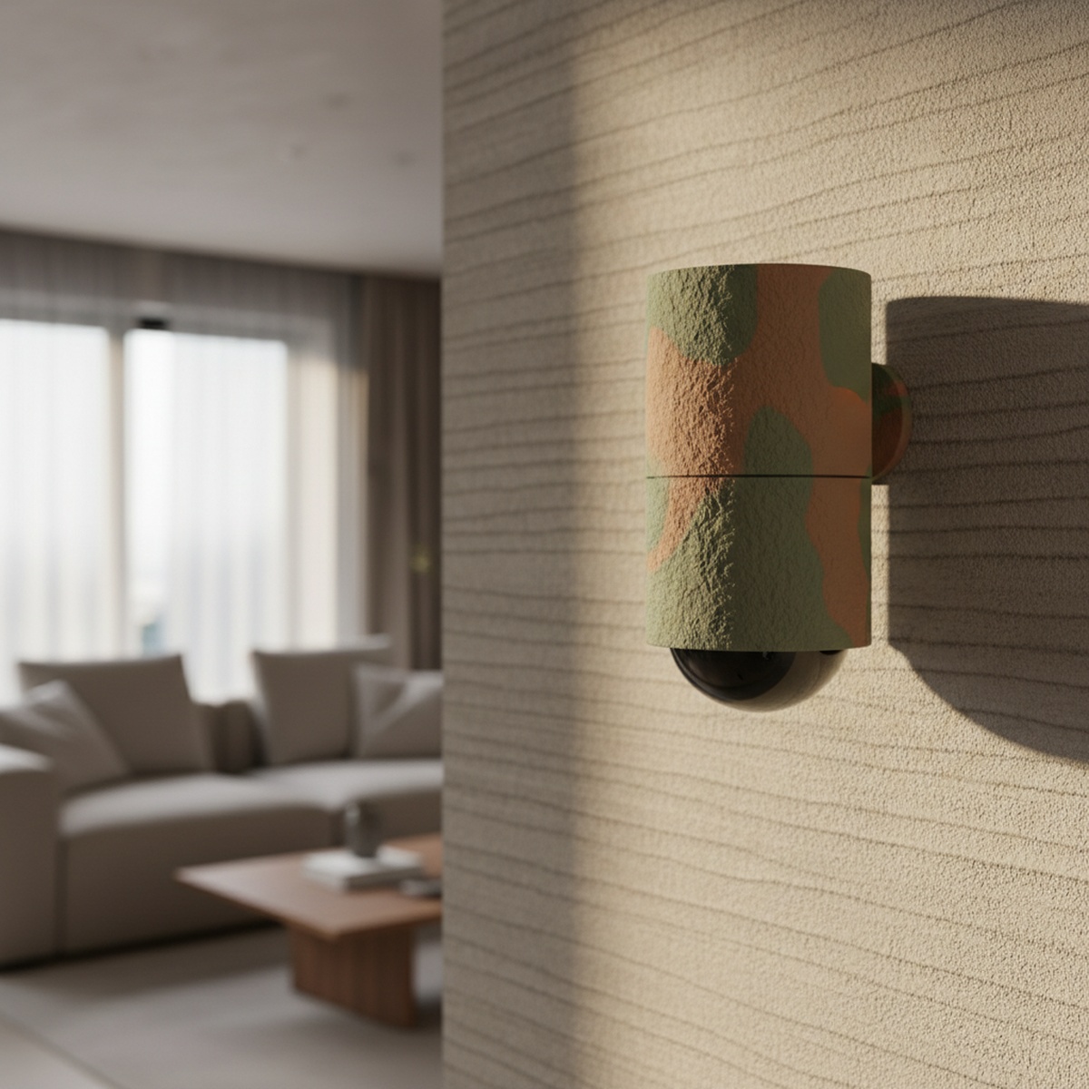 Minimalist security camera in olive and clay hues on a textured accent wall.