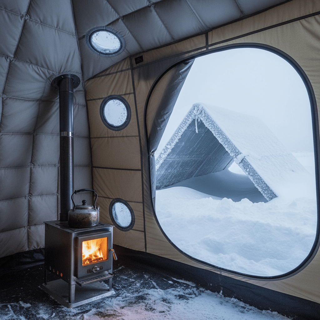 Cozy insulated tent interior with warm stove light in extreme cold conditions.