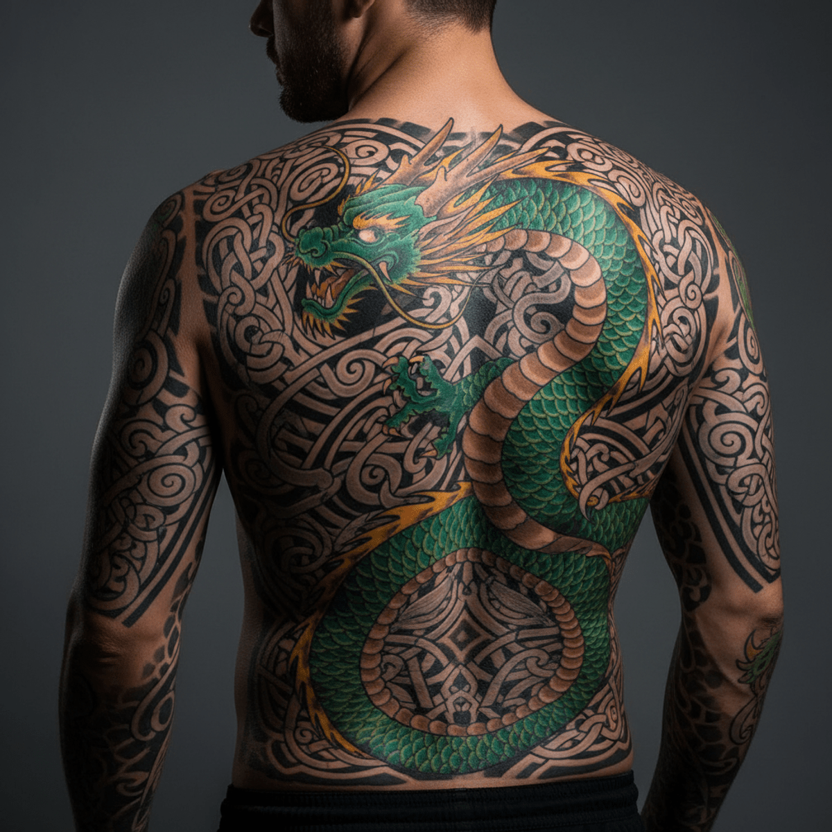 Japanese dragon and Celtic knot back tattoo design. Full back tattoo of a Japanese dragon intertwined with silver Celtic knotwork.
