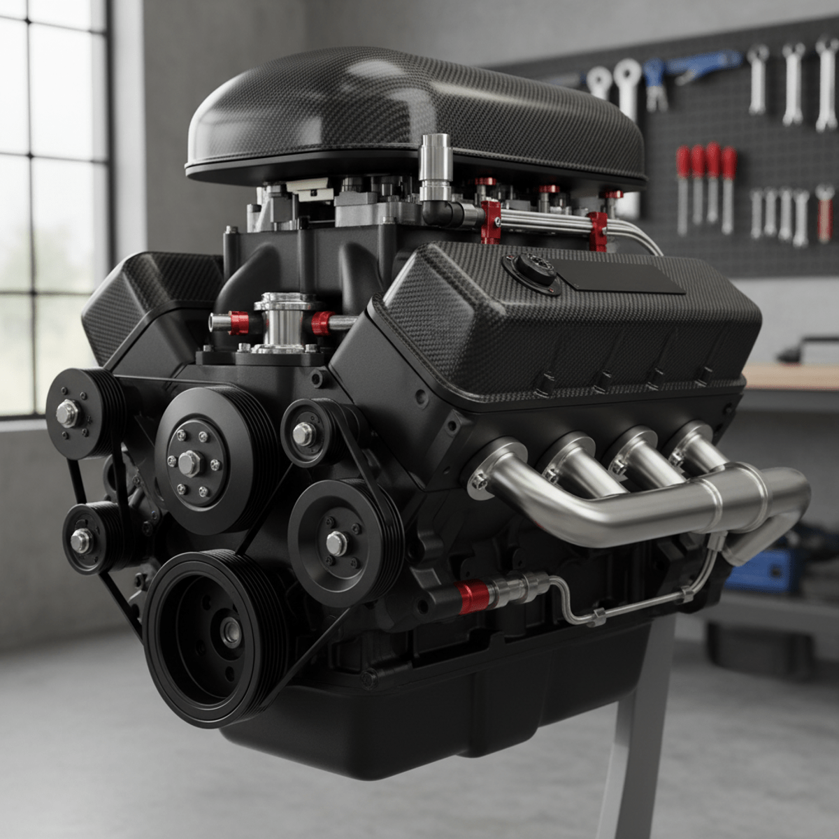 Matte black engine with carbon fiber details, showcasing intricate mechanical performance.