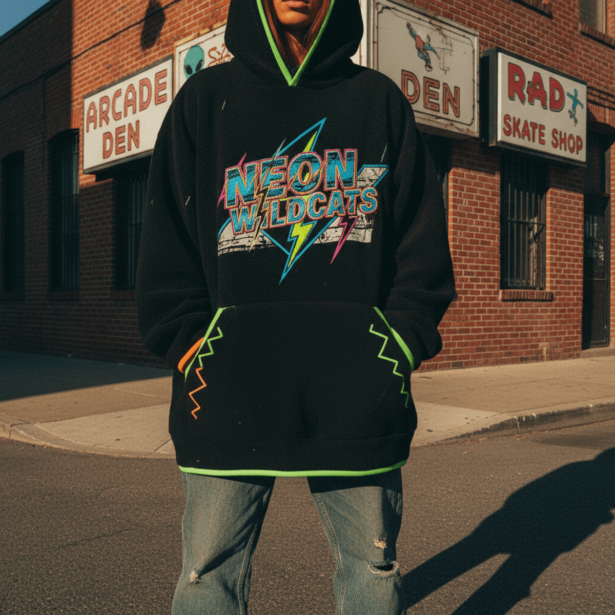 Modern 80s urban fleece hoodie with neon trims on a street corner.