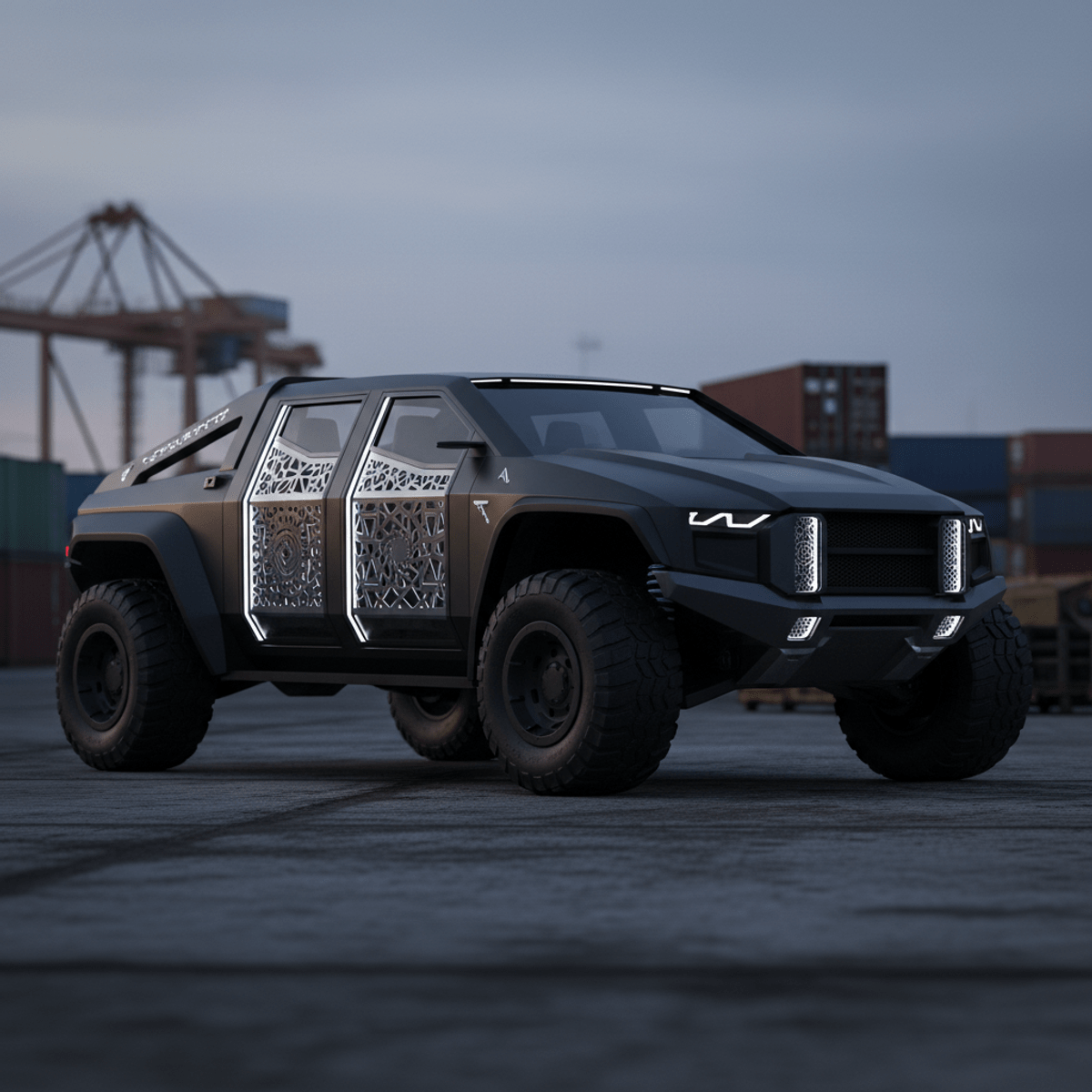 Futuristic truck with laser-cut patterns and LED lighting in an industrial yard at dusk.