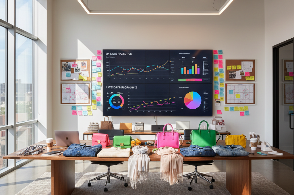 Wide shot of a retail planning space with seasonal goods and analytics displays under natural light