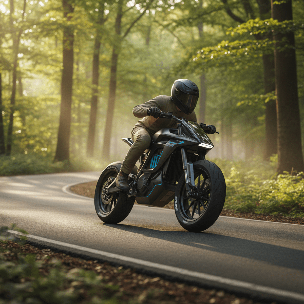 Electric supermoto with sustainable tires glides silently on a forest road.