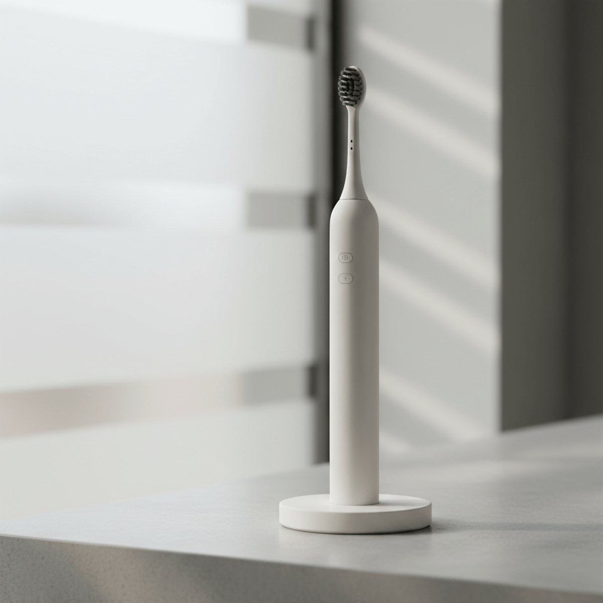 Matte ceramic toothbrush on wireless charger, seamless design, soft natural light.