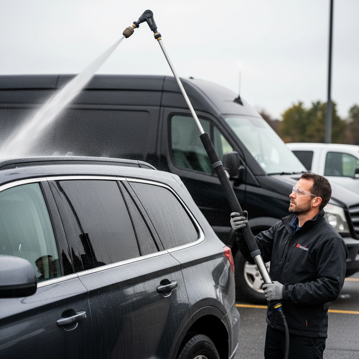 Professional pressure washing a large SUV with a carbon fiber telescoping wand.